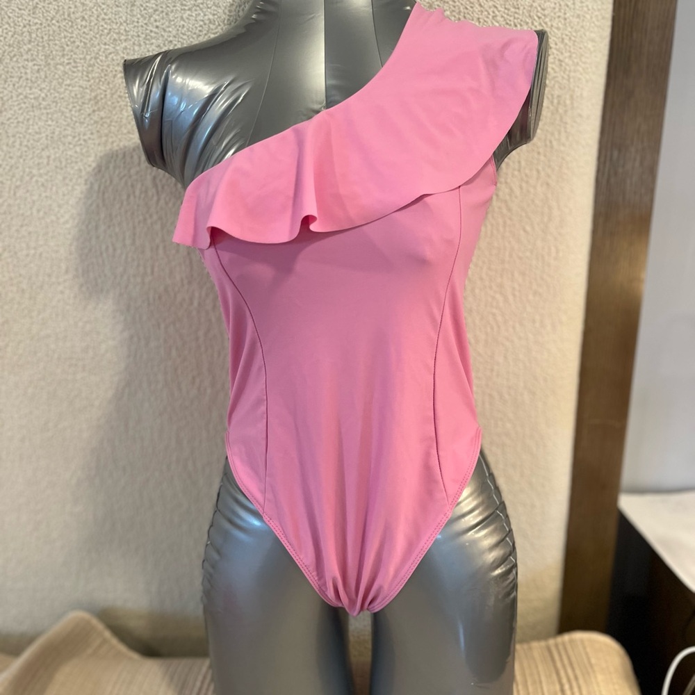 Women Pink One-Shoulder Ruffle One-Piece Swimsuit